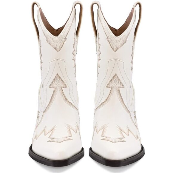 Women's Metallic Embroidered Pointed Toe Cowgirl Boots Chunky Heel Pull-On White - Picture 3 of 6